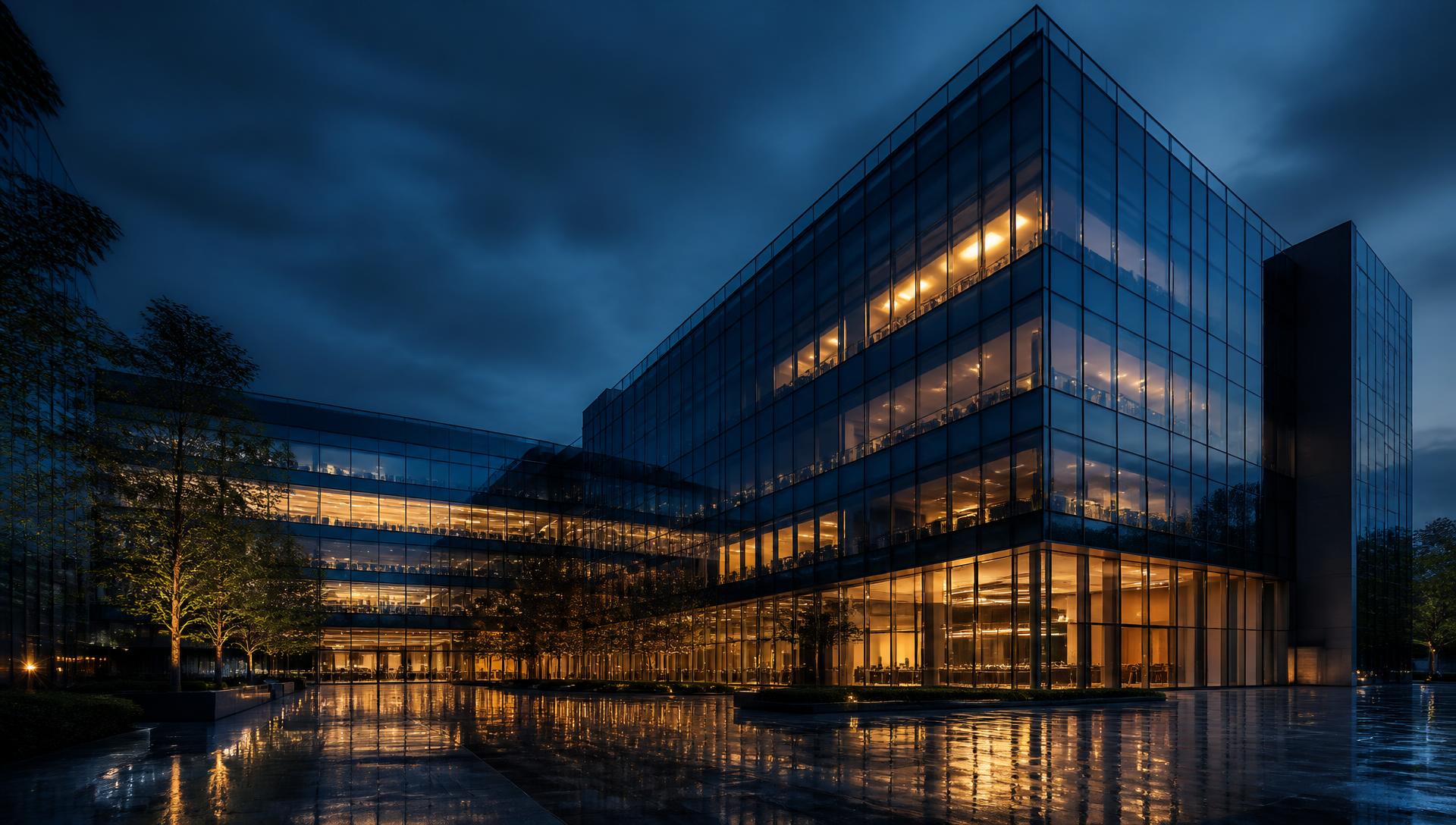 Modern corporate headquarters at dusk representing the group's businesses